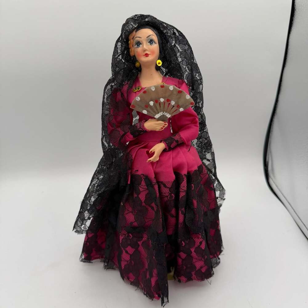 Vintage Spanish Doll Senorita Flamenco Dancer Purple Dress Doll 13 1/2"